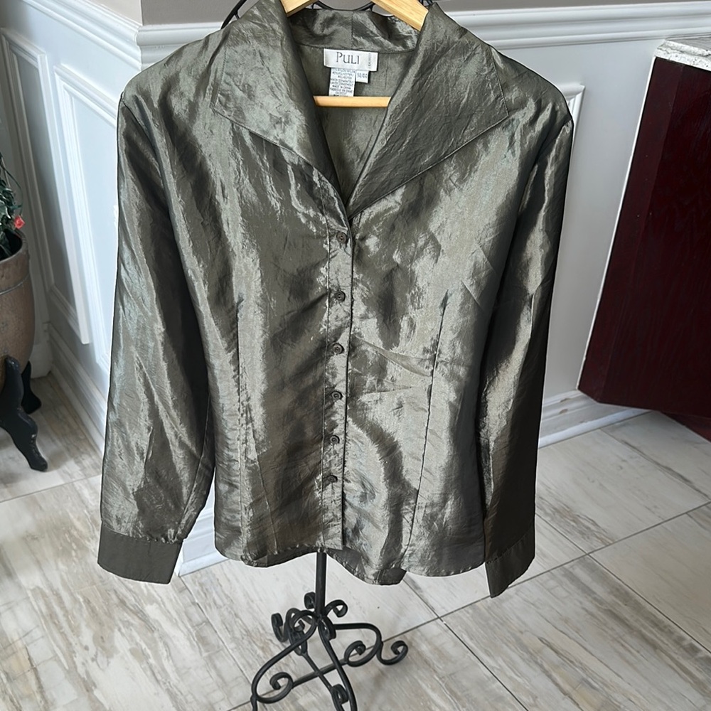 Puli Metallic Olive Button-Up Shirt